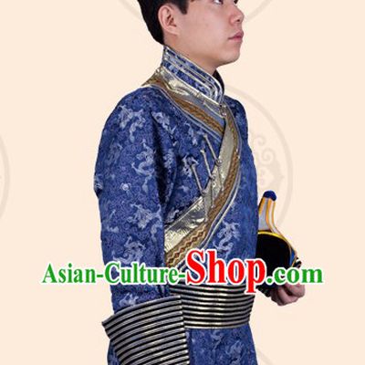 Traditional Chinese Mongolian Blue Robe and Hat Complete Set for Men