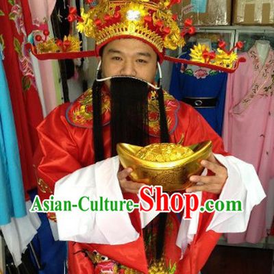 Traditional Chinese Male Cai Shen Ye Costumes and Helmet Complete Set