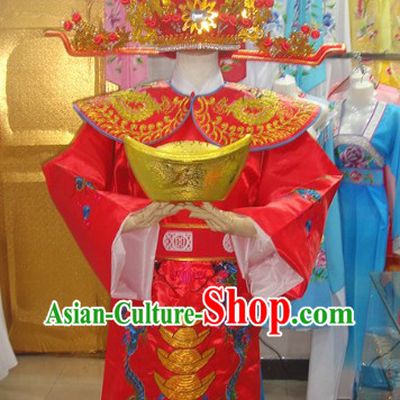 Traditional Chinese Red and Golden Cai Shen Outfit and Hat Complete Set