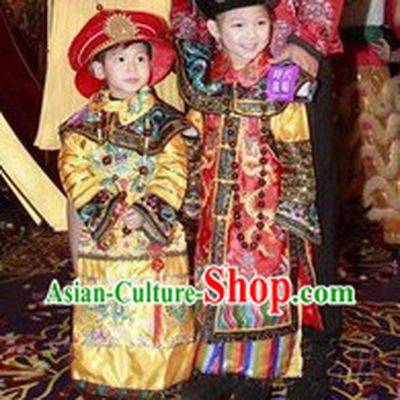 Traditional Chinese Emperor and Empress Costumes and Hats Two Complete Sets for Boys and Girls