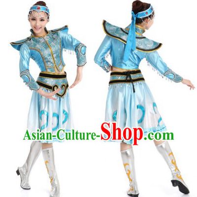 Blue Chinese Mongolian Dance Uniform for Women
