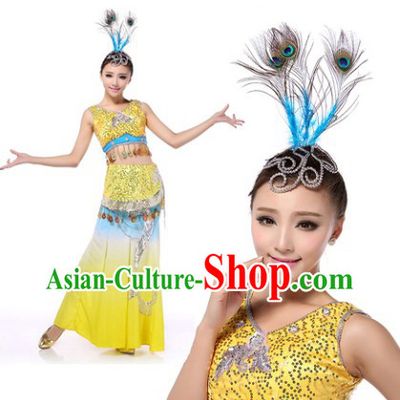 Professional Chinese Yunnan Peacock Dance Costumes and Headwear Complete Set for Women