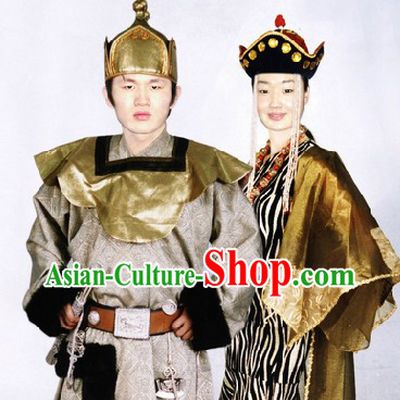 Traditional Mongolian Prince and Princess Costumes and Hats Two Complete Sets