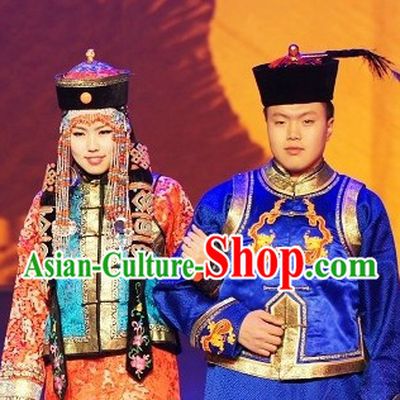 Traditional Mongolian Husband and Wife Clothes and Hats Two Complete Sets