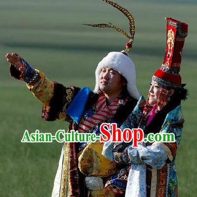 Traditional Mongolian Emperor and Queen Clothes and Hats Complete Set