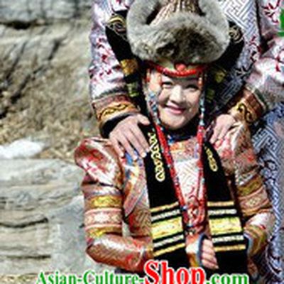 Traditional Mongolian Emperor and Empress Clothes and Hats Complete Set