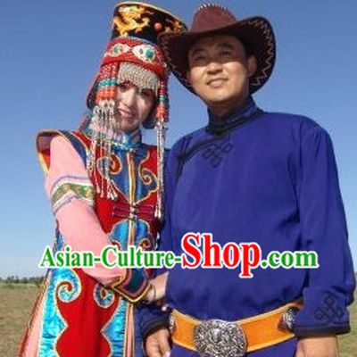Traditional Mongolian Husband and Wife Clothing and Hats Complete Sets