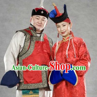 Traditional Mongolian Husband and Wife Clothing and Hats Complete Sets