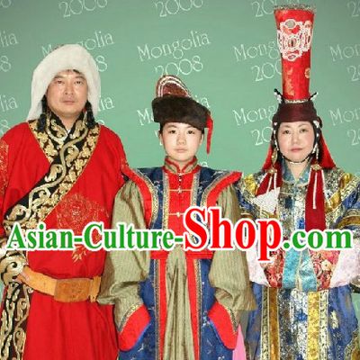 Traditional Mongolian Mother Father and Son Clothing Three Complete Sets
