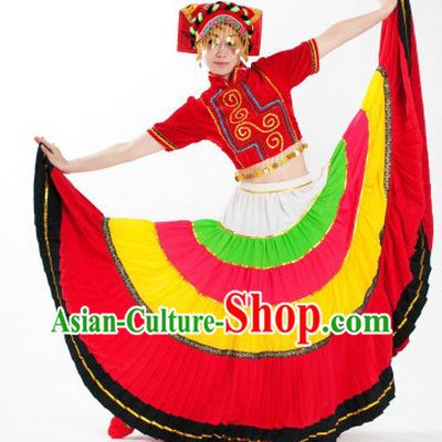 Chinese Folk Yi Minority Ethnic Dance Costumes and Hat for Women