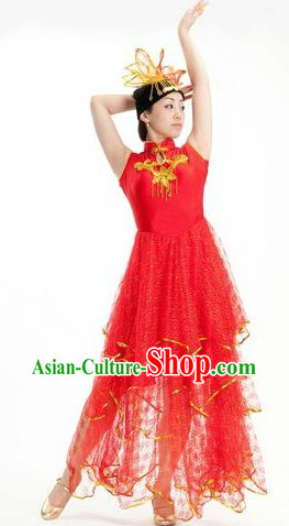 Chinese Han Minority Red Dancing Costume and Headpiece for Women