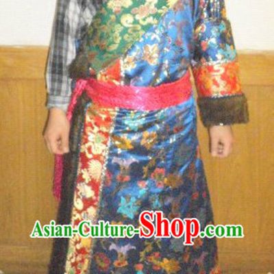Traditional Chinese Blue Tibetan Robe Clothing Set for Men or Women