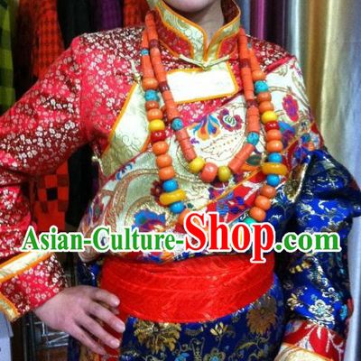 Traditional Chinese Red Tibetan Robe Complete Set for Ladies