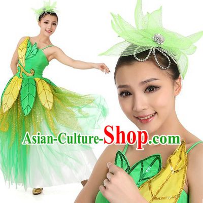 Chinese Green Leaf Dance Costume and Headpiece for Women