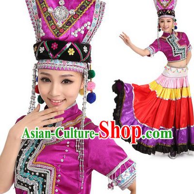 Chinese Yi Minority Dance Costume and Headpiece for Women