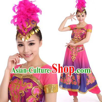 Purple Indian Dance Costumes and Hat for Women