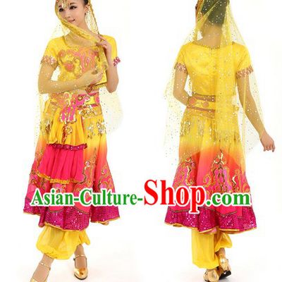 Yellow Indian Dance Costumes and Hat for Women