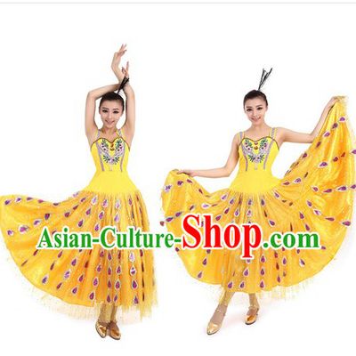 Yellow Peacock Dance Costume and Hat for Women
