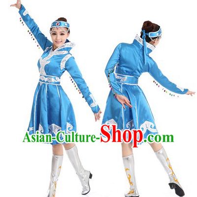 Blue Mongolian Dance Costume and Headpiece for Women