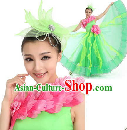 Pink and Green Lotus Dancing Costume and Hair Accessories for Women