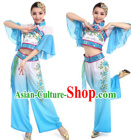 Chinese Folk Blue Dancing Costume and Hair Accessories for Women