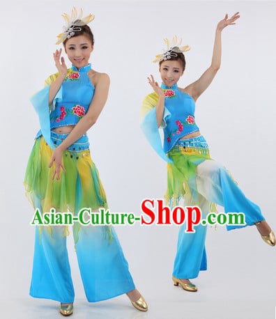 Chinese Folk Blue Dance Costume and Hair Accessories for Women