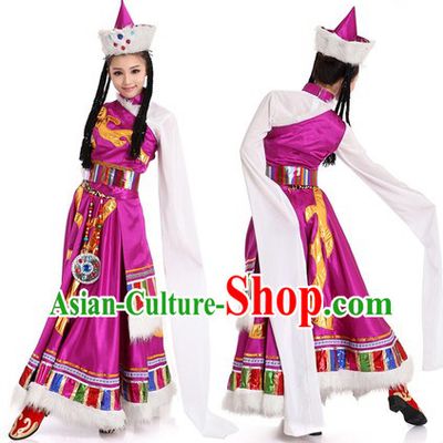 Purple Chinese Tibetan Minority Costume and Hat for Women