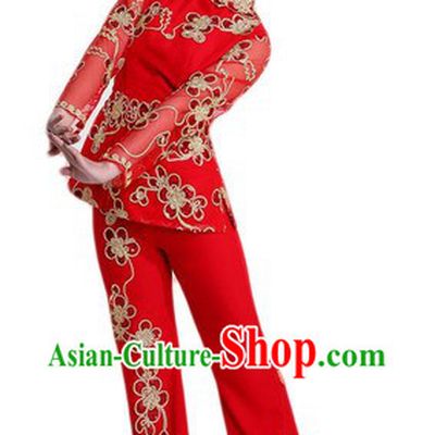 Traditional Chinese Red Dance Costumes and Headpiece for Ladies