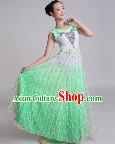 Chinese Green Chorus Costumes and Headpiece for Ladies