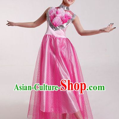 Chinese Pink Chorus and Lotus Dance Costumes and Headpiece for Ladies