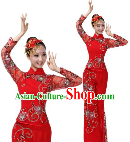 Chinese Red Fan Dance Costumes and Headpiece for Ladies