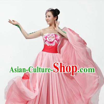 Chinese Classical Peony Long Skirt Dance Costumes and Headpiece
