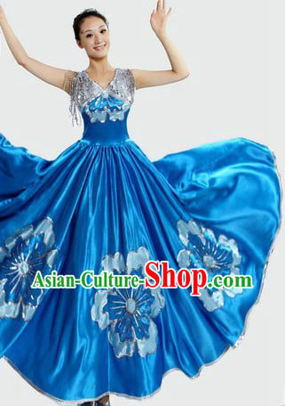 Chinese Blue Flower Skirt Dance Costumes and Headpiece