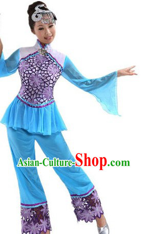 Chinese Blue Stage Performance Dancing Costumes and Headpiece for Women