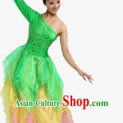 One Shoulder Green Stage Performance Dancing Costumes and Headpiece for Women
