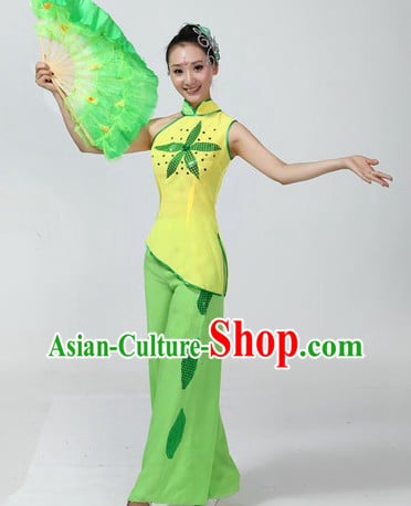 Green Stage Performance Fan Dancing Costumes and Headpiece for Women
