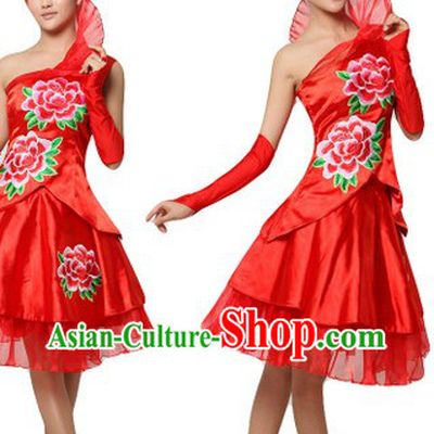 Chinese Red Peony Dance Costumes and Headpiece for Women