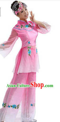 Chinese Pink Flower Dance Costumes and Headpiece for Women