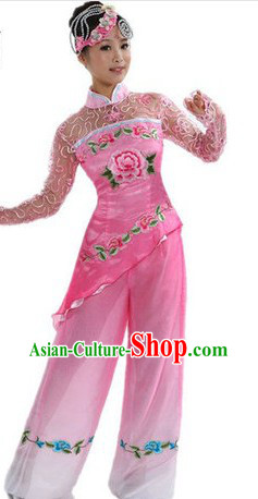 Chinese Pink Drummer Dance Costumes and Headpiece for Women