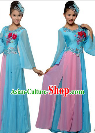 Chinese Light Blue Accompany Dance Costumes and Headpiece for Women