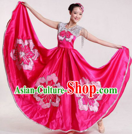 Chinese Pink Flower Dance Costumes and Headpiece for Women