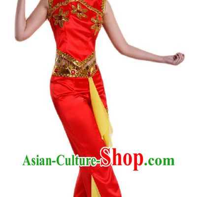 Traditional Chinese Red Fan Dancing Costumes and Headpiece for Ladies
