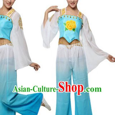 Chinese Blue Yangge Dance Costumes and Headpiece for Women