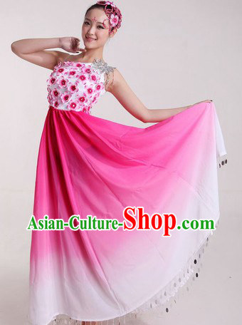 Chinese Pink Flower Dancing Costumes and Headpiece for Ladies