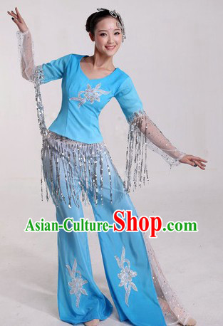 Chinese Blue Fan Dance Costumes and Headpiece for Ladies