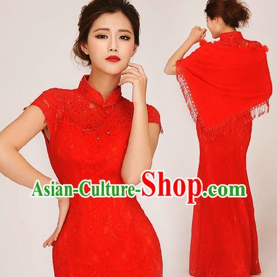 Traditional Red Fish Tail Cheongsam Wedding Dress for Brides