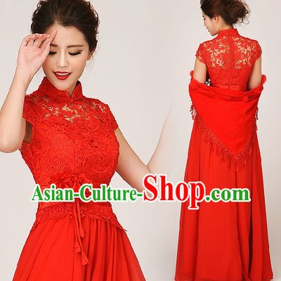 Traditional Red Lace Cheongsam Wedding Dress for Brides