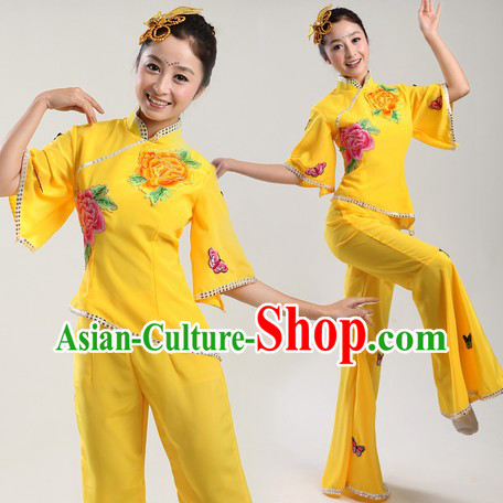 Chinese Classic Yellow Yangge Dance Costumes and Headpiece for Kids
