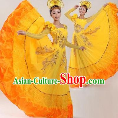 Chinese Classic Yellow Dance Costumes and Headpiece for Women