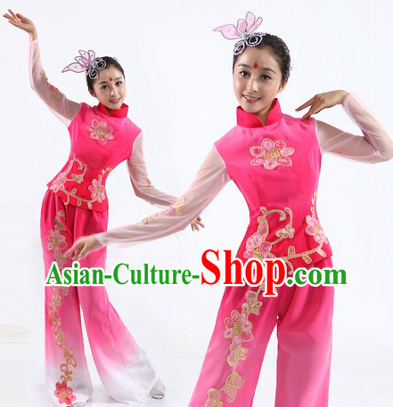 Chinese Classic Flower Fan or Ribbon Dance Costumes and Headpiece for Women